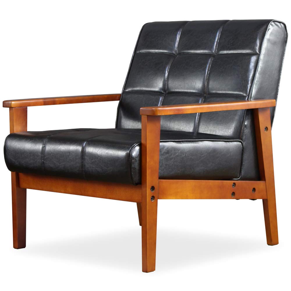 岩附 ソファ 1人掛け レザー 合皮 肘付き 天然木脚 幅74cm 黒 ブラック レトロモダン ヴィンテージ IW-72-1P商品画像