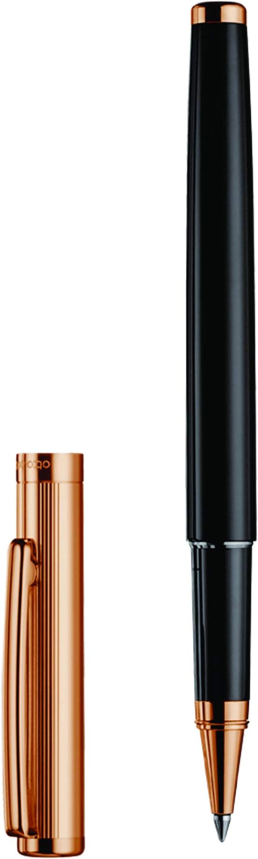 Otto Hutt Design 01 Roller Pen With Black Lacquer Barrel, Rose Gold Plated Fittings And Pinstripe Pattern Cap - 009-16425