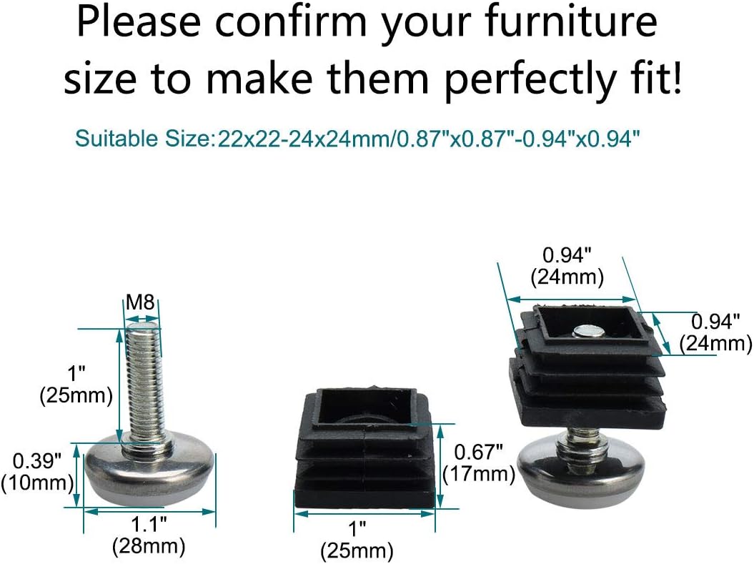 Sourcingmap Adjustable Leveling Feet 25 x 25mm Inserts Furniture Table Glide 4 Pcs, Black, 4 Sets - Image 3