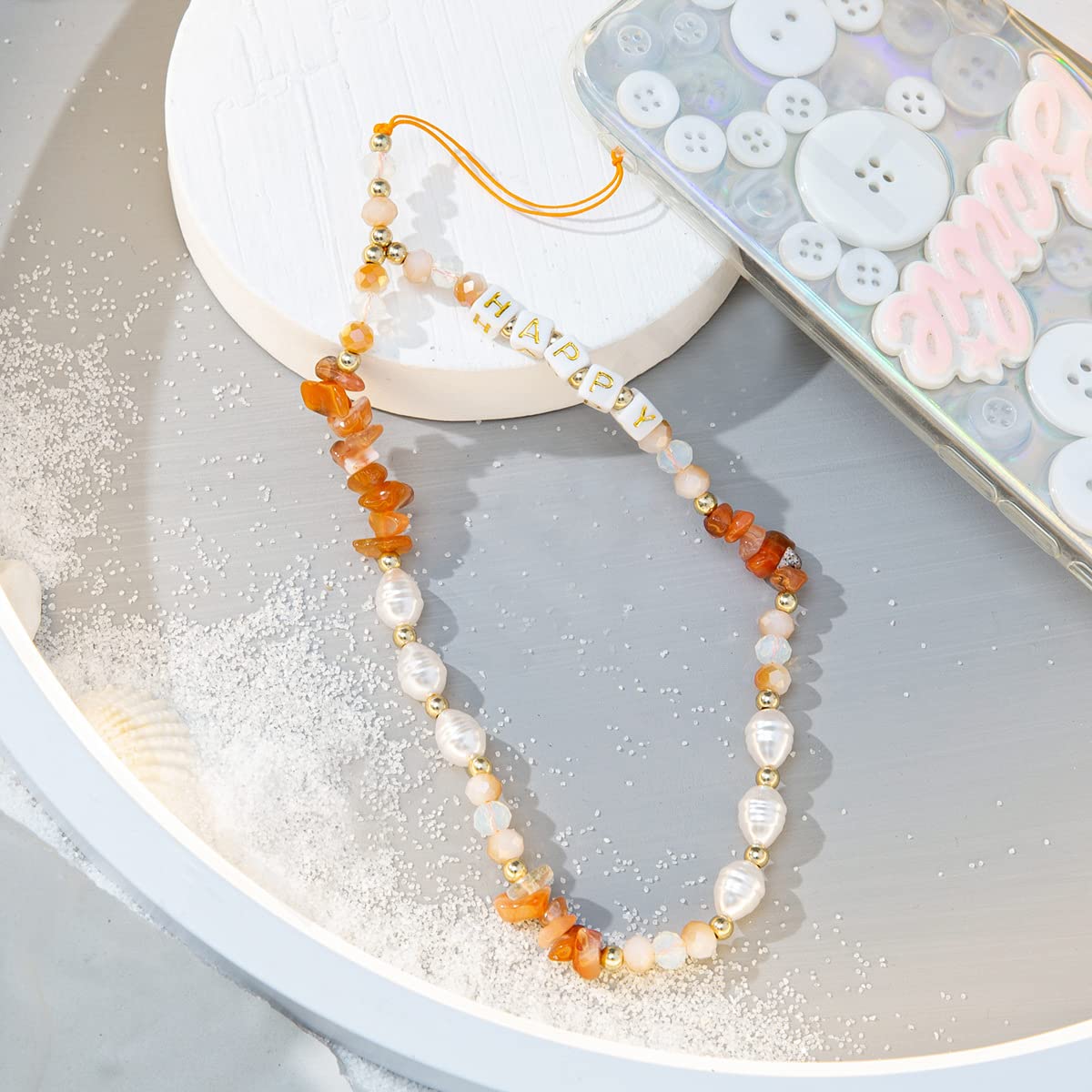 Universal phone chain, phone straps, mobile phone chain, colourful pearl gravel letter beads, phone lanyard, wrist strap, beads chain, mobile phone pendant, bag pendant, keyring, orange