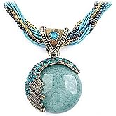 GYRMMUE Rhinestone Collar Chain Necklace Collar Chain Necklace Turquoise Pendant for Women Multilayer Beads Chain Jewellery Handmade Vintage Bohemian Style Necklace Necklace Round Pendant Necklace