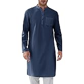 Gafeng Mens Kaftan Robe Button Down Long Sleeve Henley Cotton Thobe Casual Side Split Gown Shirt