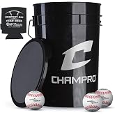 Champro CBB-200D Full Grain Leather Cover Baseballs with Cosmetic Blem in a Black Champro Bucket &ndash; 30 Balls and one Rods Can Sleeve Included