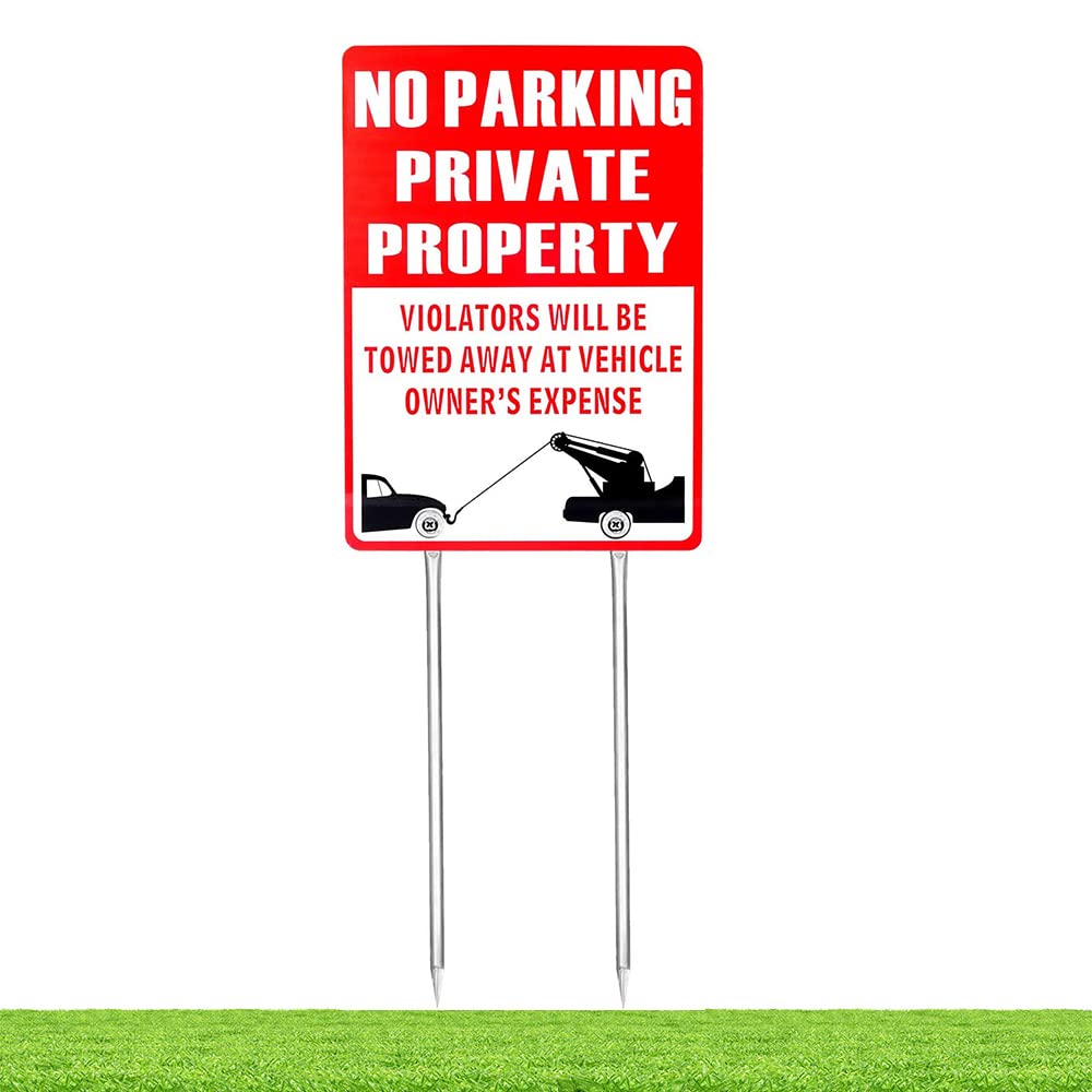 Kichwit No Parking Private Property Sign, Aluminum, Violators Will Be Towed Away at Vehicle Owner's Expense, 13.4 x 9.4 Inches, Metal Stakes Included
