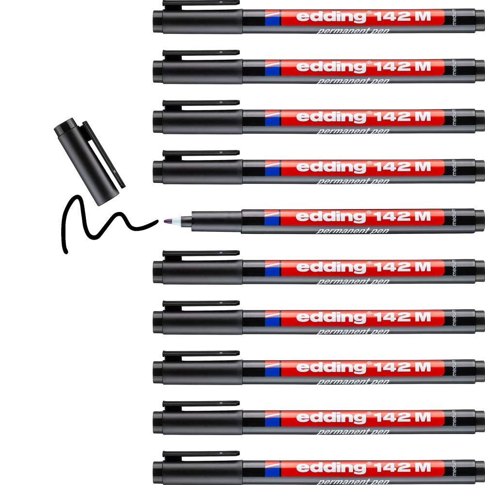 edding 142 M permanent pen - black - 10 pens - round nib 1 mm - pen for writing on glass, plastic, foils and smooth surfaces - permanent, quick-drying, smudge-proof and waterproof