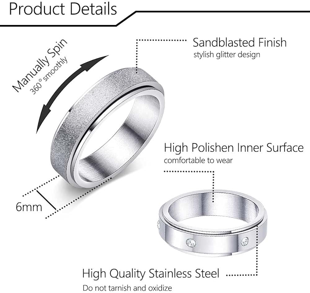 WFYOU 8Pcs Stainless Steel Fidget Rings for Women Men Anxiety Rings Moon Star Matching Rings Cuban Link Chain Ring Flower Cat Spinner Band Rings Set: Jewelry