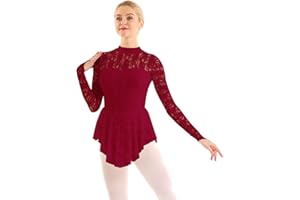 iiniim Women's Adult Floral Lace Ballet Dance Skirted Leotard Long Sleeve Figure Ice Skating Dresses