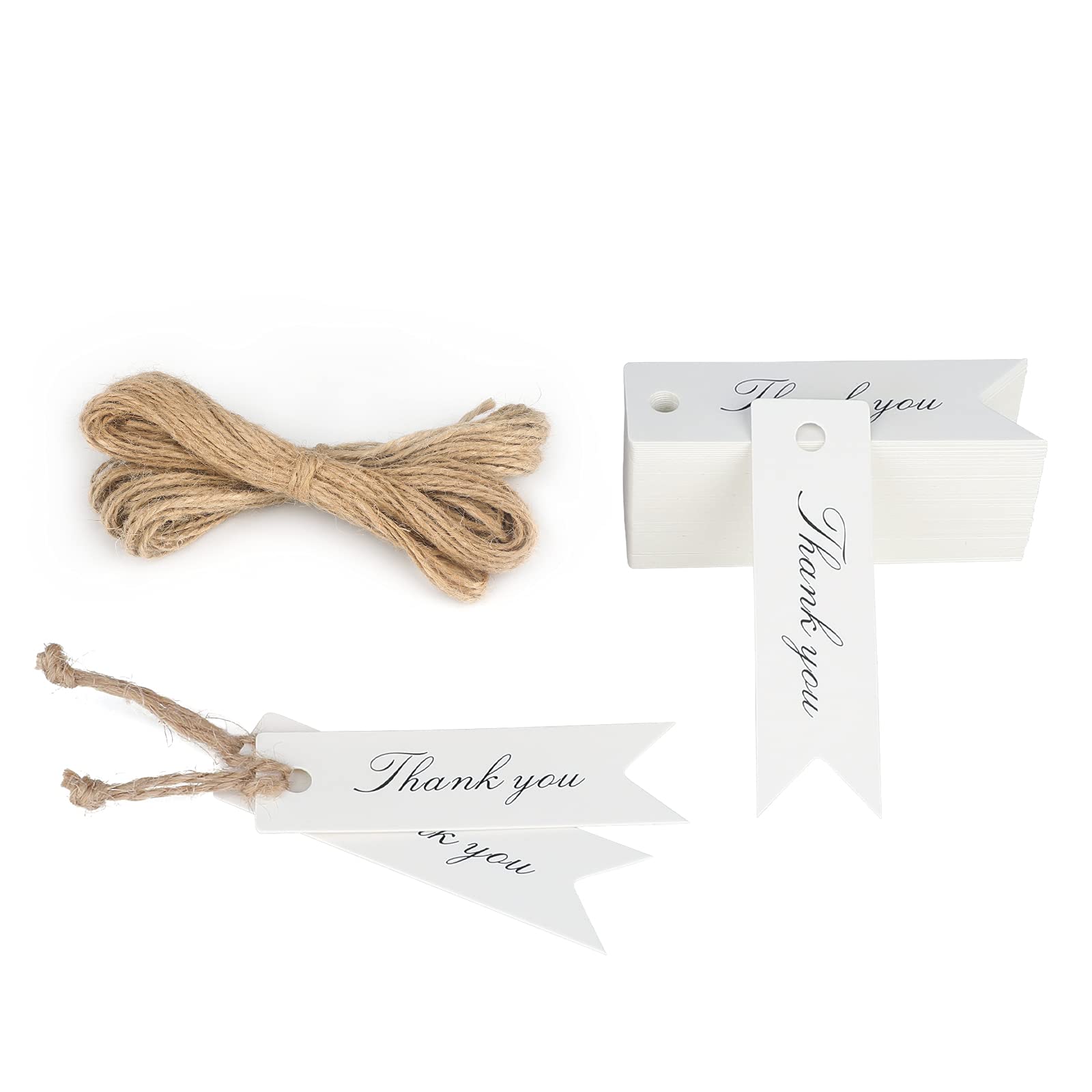 jijAcraft 100 Pcs Kraft Paper Mini Tags, Thank You Gift Tags, 7x2 cm Hanging Decoration Labels with Jute Twine for Wedding Favors (White)