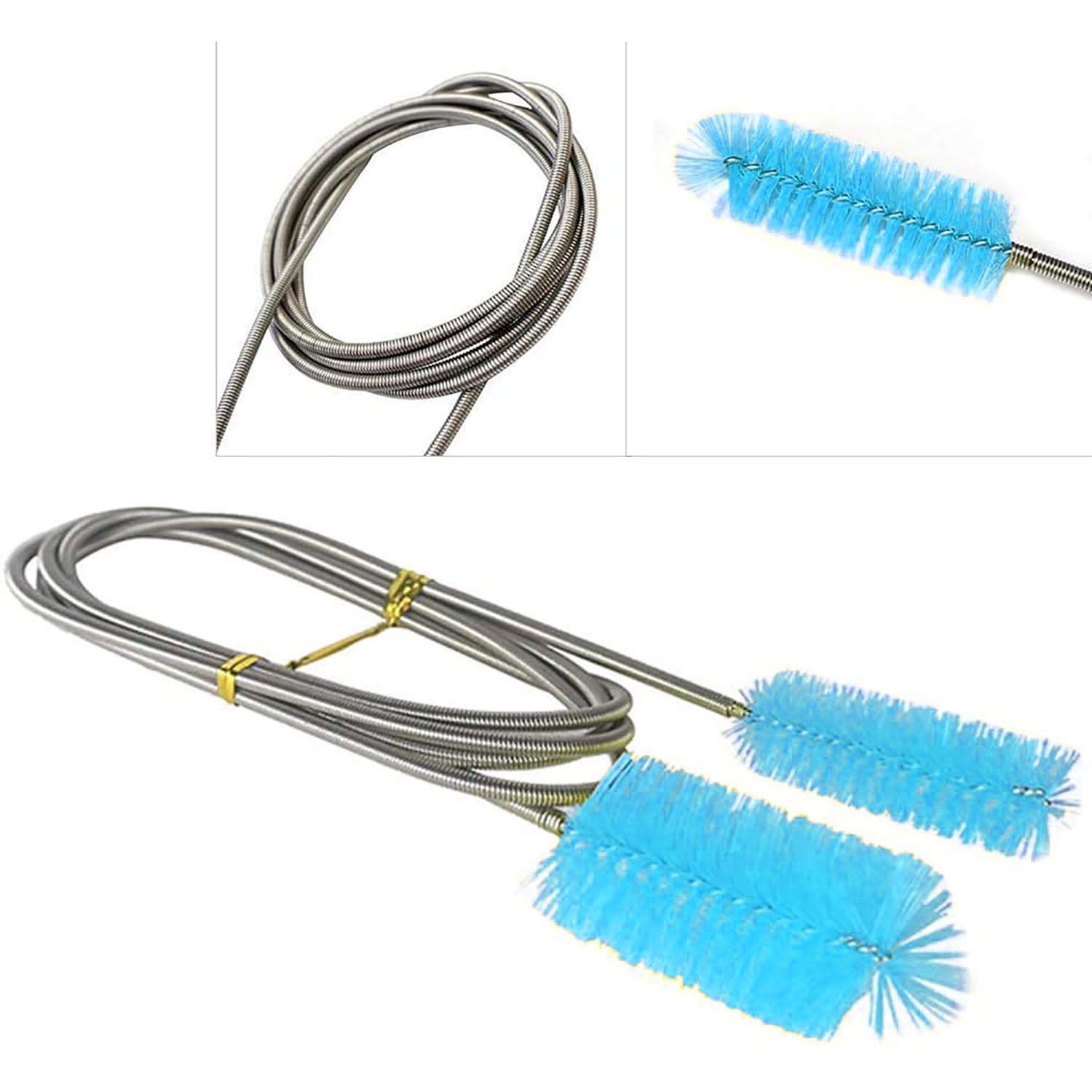 Flexible Drain Brush, Nylon Cleaner Double Ended Elastic Hose Pipe 67-inch and 2 PCS 8.2-inch Straw Cleaning Brush (Blue)