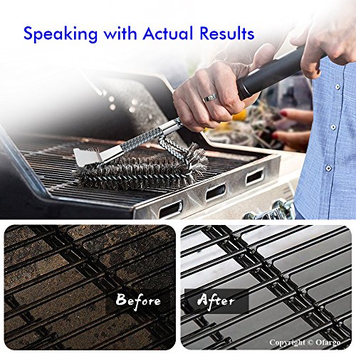 Ofargo Grill Brush and Scraper, Heavy Duty 3-in-1 Stainless Steel Woven Wire Bristles BBQ Cleaner Brush with Strength Clips for Cleaning Weber, Traeger, Char Broil, Kamado Grill Grates (18’’ Handle)