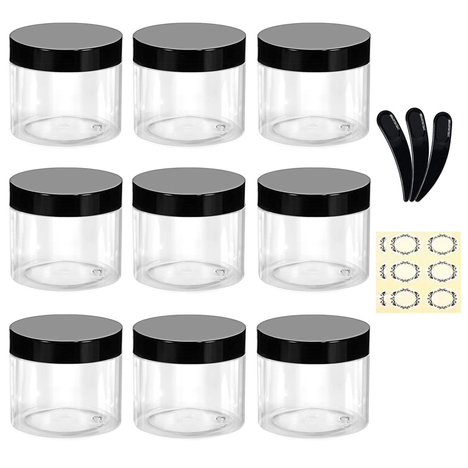 Alledomain 9Pcs 50g/50ml Empty Plastic Jars with 3 Mini Spatulas & 12 Labels Round Clear Cosmetic Sample Container with Inner Liners & Black Lids Travel Storage for Lotion Cream Ointments Makeup