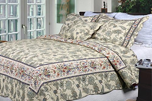 [Florence] 100% Cotton 3PC Classic Floral Vermicelli-Quilted Quilt Set (King Size)