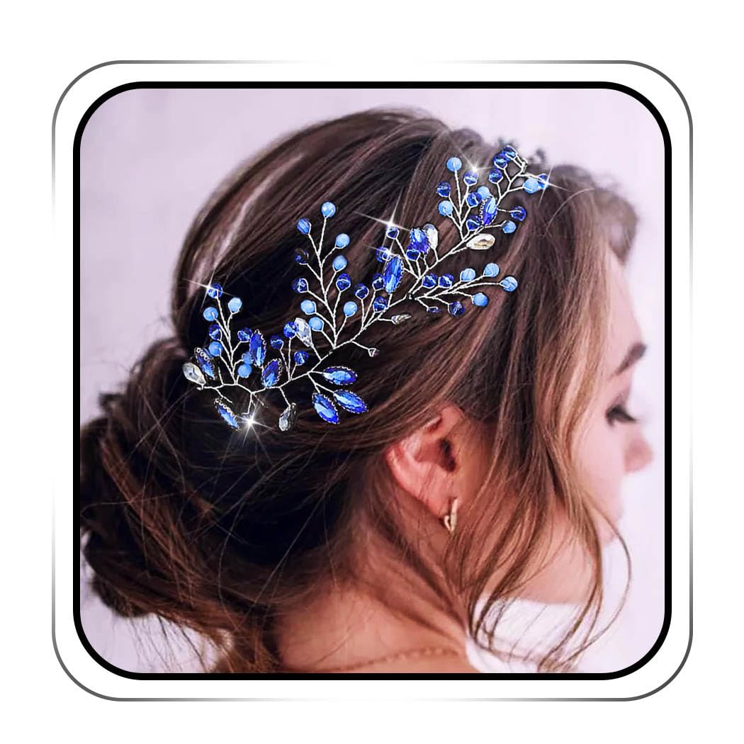IYOU Bridal Wedding Hair Vine Blue Crystal Hair Piece Beads Headband Bride Bridesmaid Hair Accessories for Women