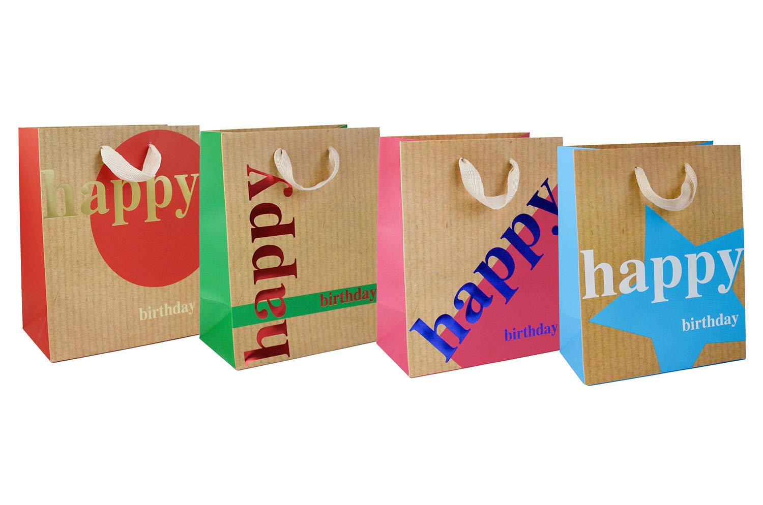 Emartbuy Luxury Gift Bag Strong Laminated Paper Mixed Colours (Set of 4 - Happy Birthday)