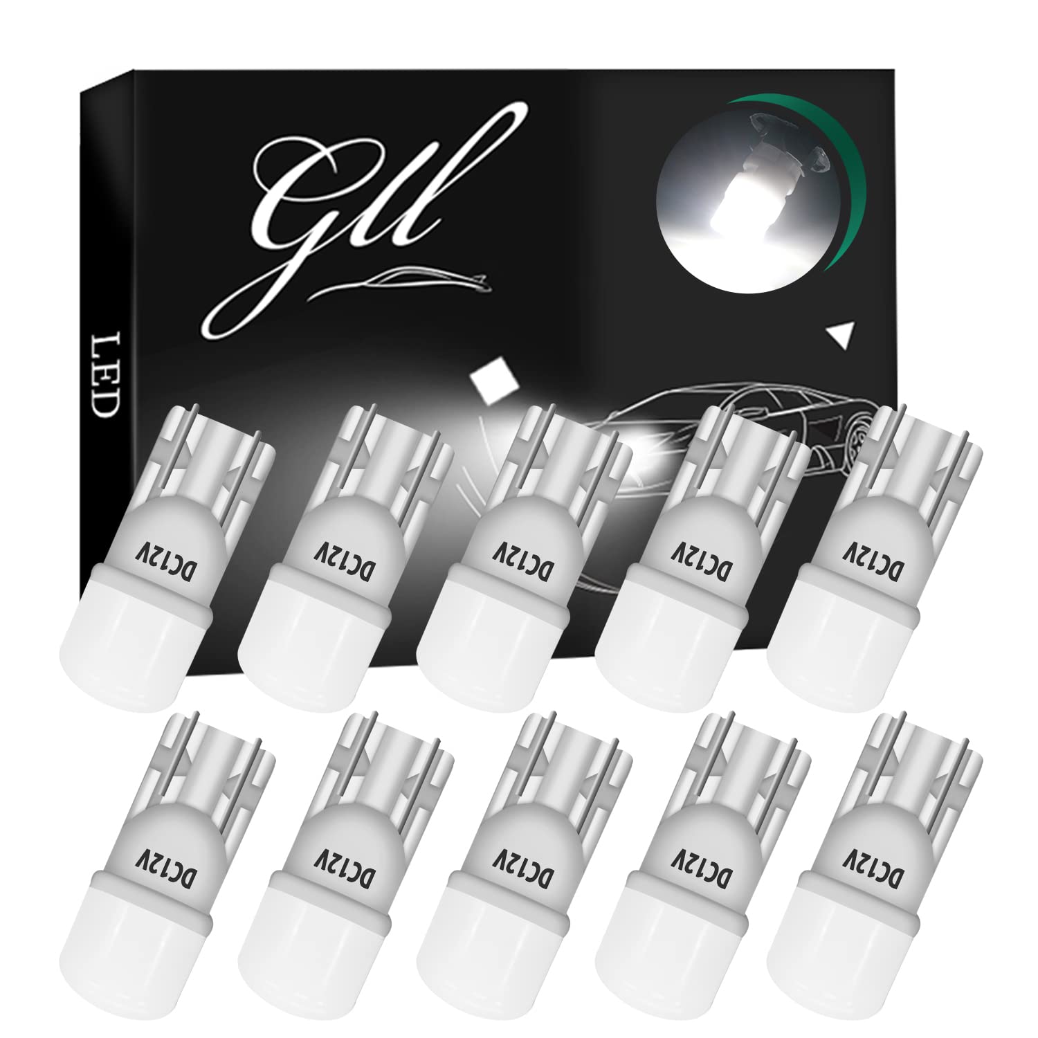 GLL T10 LED Bulbs, White 501 W5W LED Bulbs 2835 3 SMD 90 Lumens Ceramic Body for Car Dome Lights Side Lights License Lights Trunk Lights