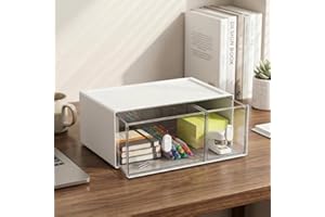 Desk Storage Organizer, Stackable 1 Tier Desktop 2 Drawer, White Clear Storage Box Caddy for Stationery, Makeup, Jewelry, Off