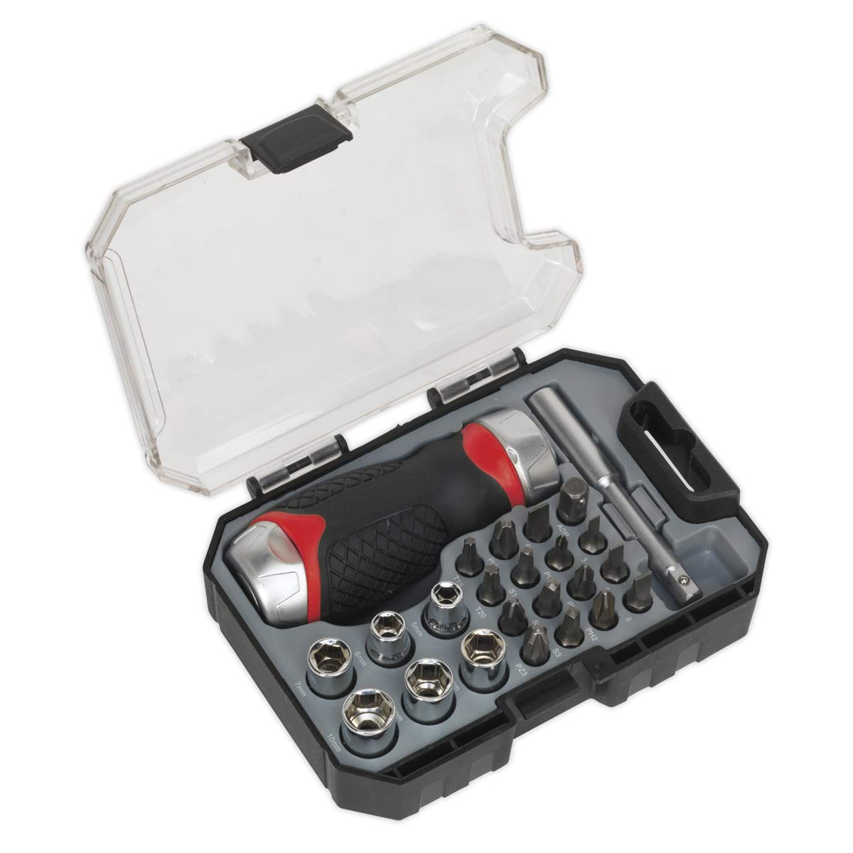 Sealey Ak64906 Fine Tooth Ratchet Screwdriver & Accessory Set 24Pc Stubby