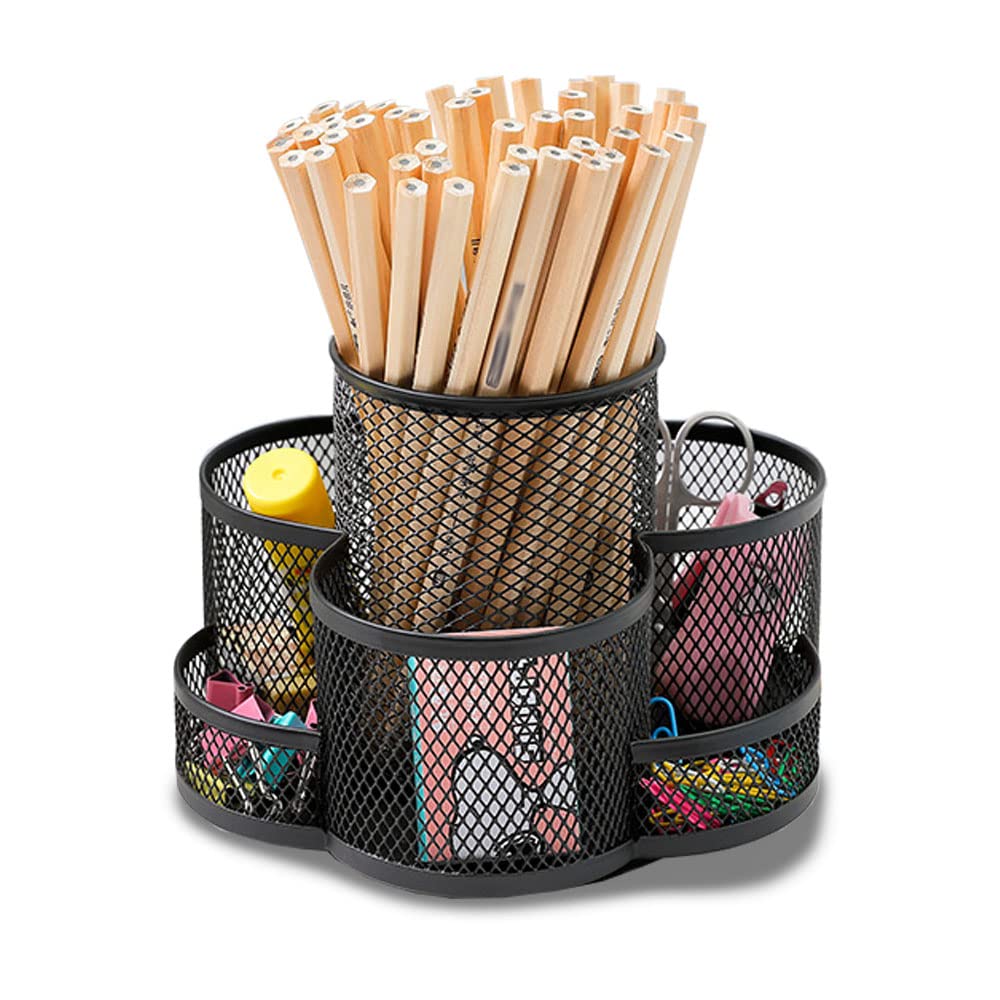 Kaizuca 360° Rotation Multi Functional Pen Holder, Mesh Desktop Caddy, Rotating Pencil Holder, High Capacity, with Non Skid Rubber Mat, 7 Compartments, for Office Storage, Dressing Table (Black)