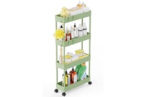 LEHOM 5.1" Slim Storage Cart - 4 Tiers Bathroom Organizer Mobile Shelving Unit Storage Rolling Utility Cart Slide Out Organizer for Kitchen Bathroom Laundry Narrow Places, Green