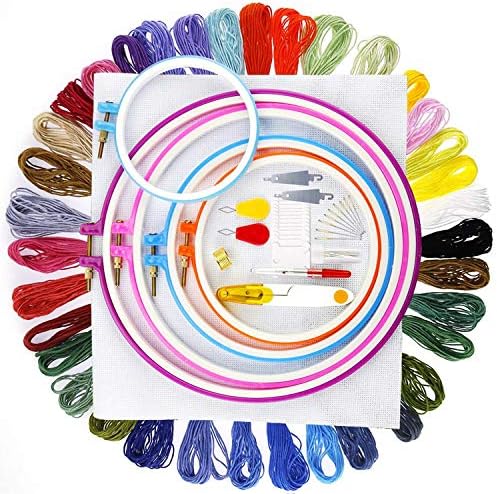 Goiio Full Range of Embroidery Starter Kit Cross Stitch Tool Kit Including 5 Pieces Plastic Embroidery Hoop, 50 Color Embroidery Floss, 12 by 12 Inch 14 Count Classic Reserve Aida and Needles Set