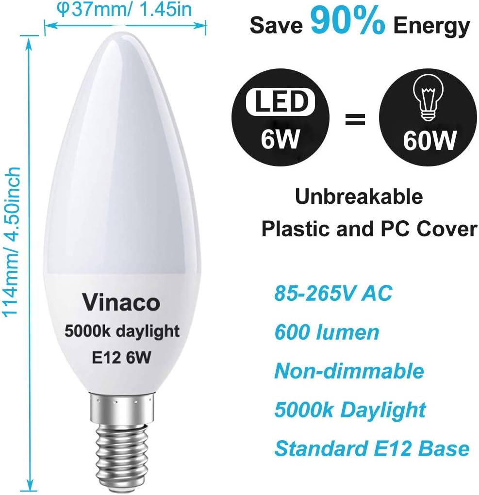 Vinaco Candelabra LED Bulbs Daylight, High Brightness 600LM and CRI90 E12 LED Bulb 6W (60W Equivalent) E12 Candelabra Base for Ceiling Fan Light Bulbs, LED Chandelier Light Bulbs, Pack of 6 - - 