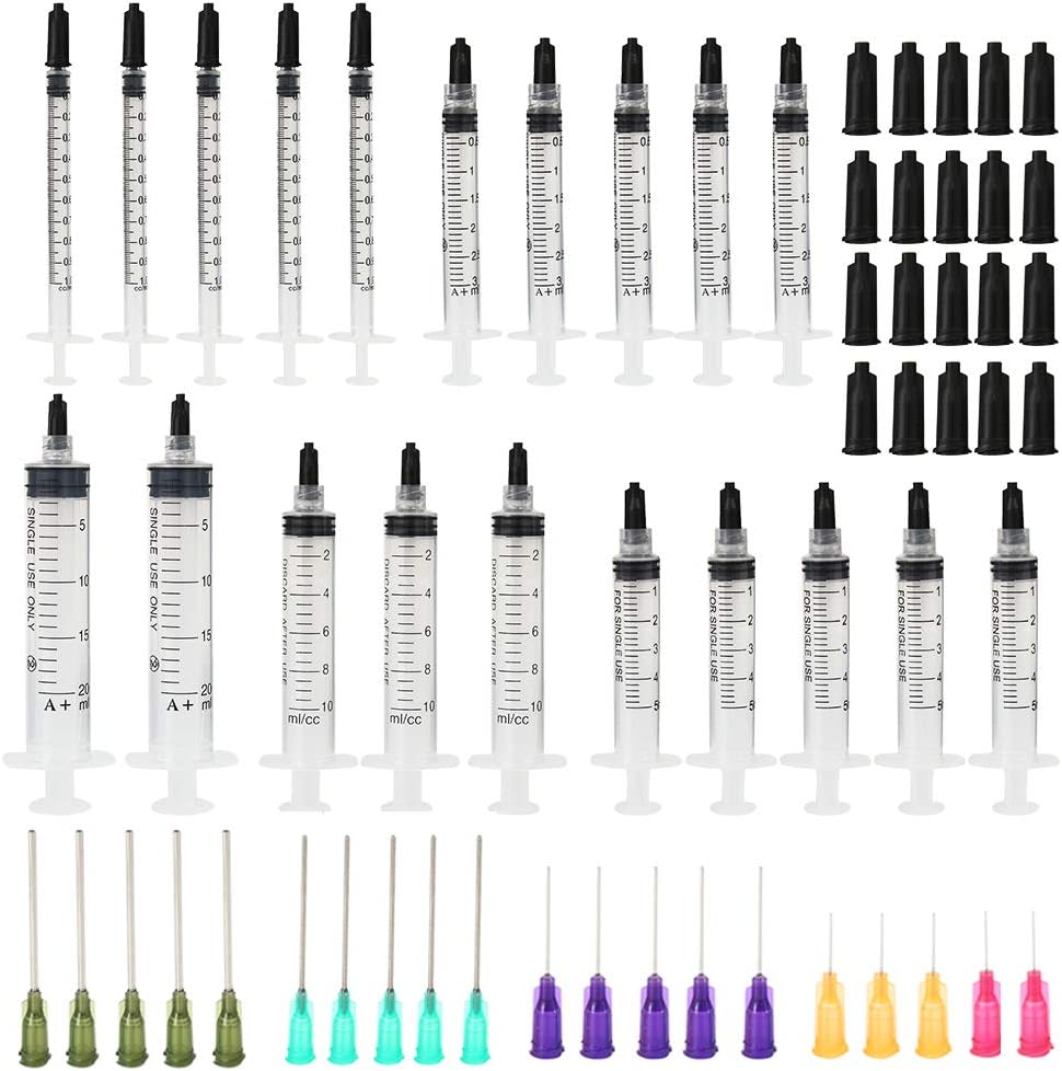 Syringe Blunt Tip Needles Caps Refilling and Measuring E-Juice, E-Liquids, E-cigs, Adhesives, Vape, Oil or Glue Applicator 1ml, 3ml, 5ml, 10ml, 20ml by Wrightus