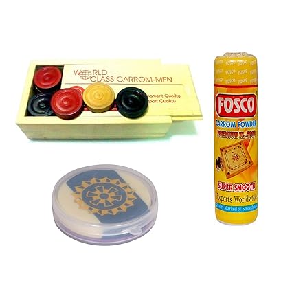Optimus Premium Carrom Combo C - 250 gm Disco Carrom Powder 1 Set Wooden Carrom-Men Coins & 1 Acrylic Striker