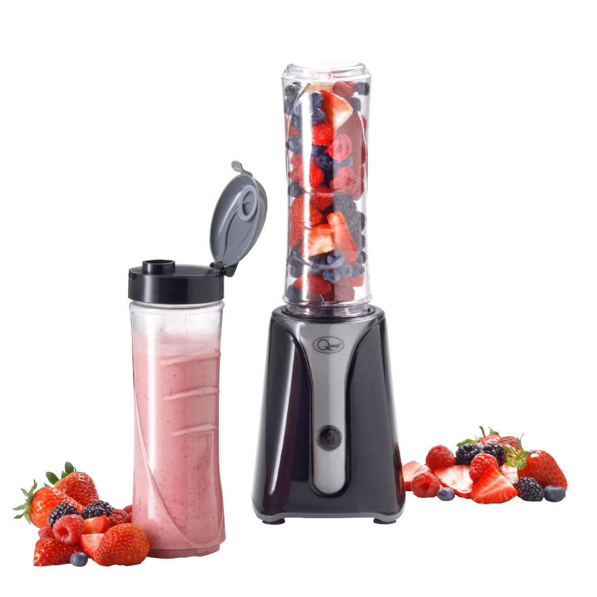 Quest Personal Blender & Smoothie Maker | 350 Watt | Includes 2x 600ml Portable Bottles | One Touch Button | Slimline, Portable and Compact | Stainless Steel Blades (Black & Grey)