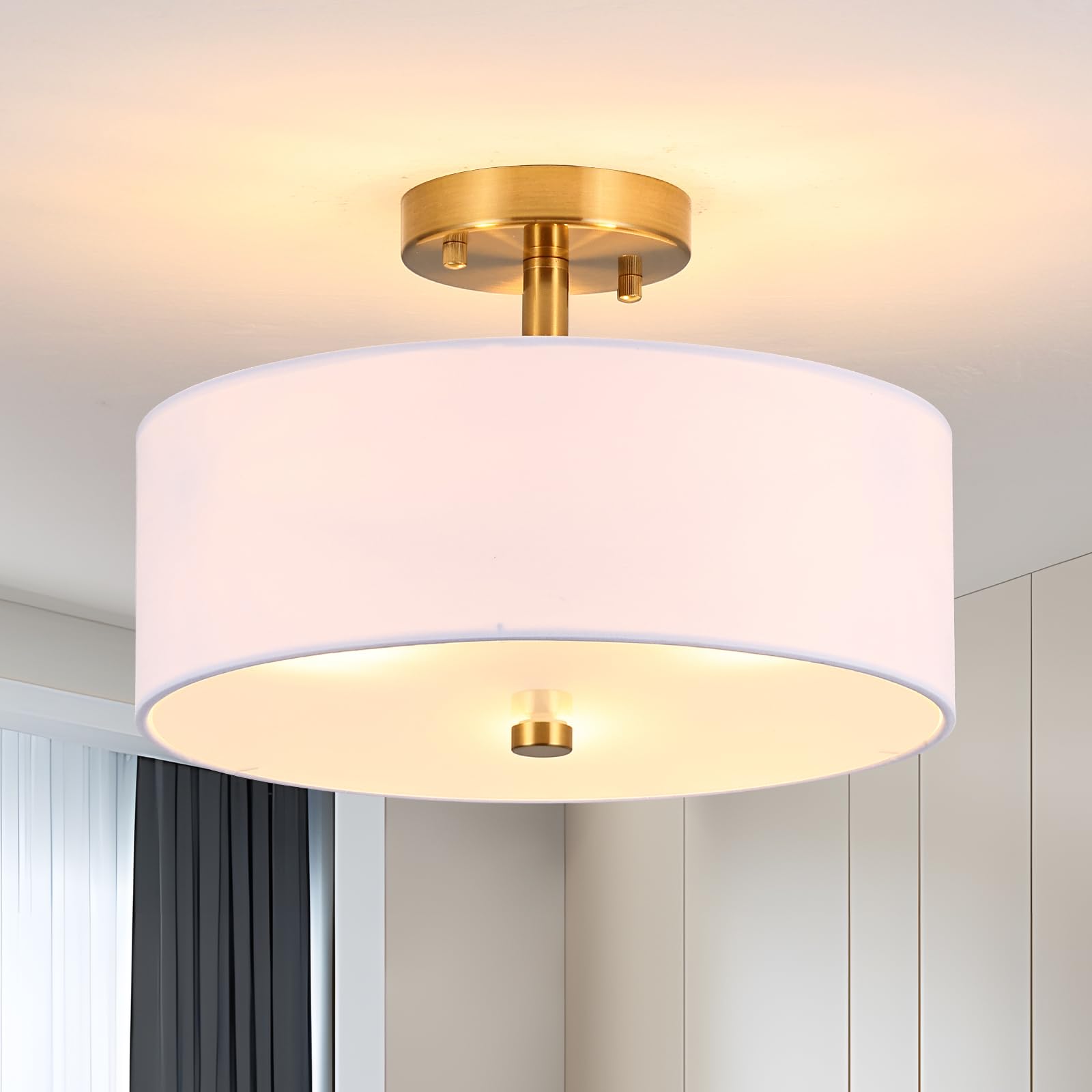Photo 1 of 3-Light Gold Semi Flush Mount Ceiling Light,12" Drum Light with White Fabric Shade,Modern Close to Ceiling Light for Bedroom, Living Room, Kitchen, Dining Room, Hallway and Entryway