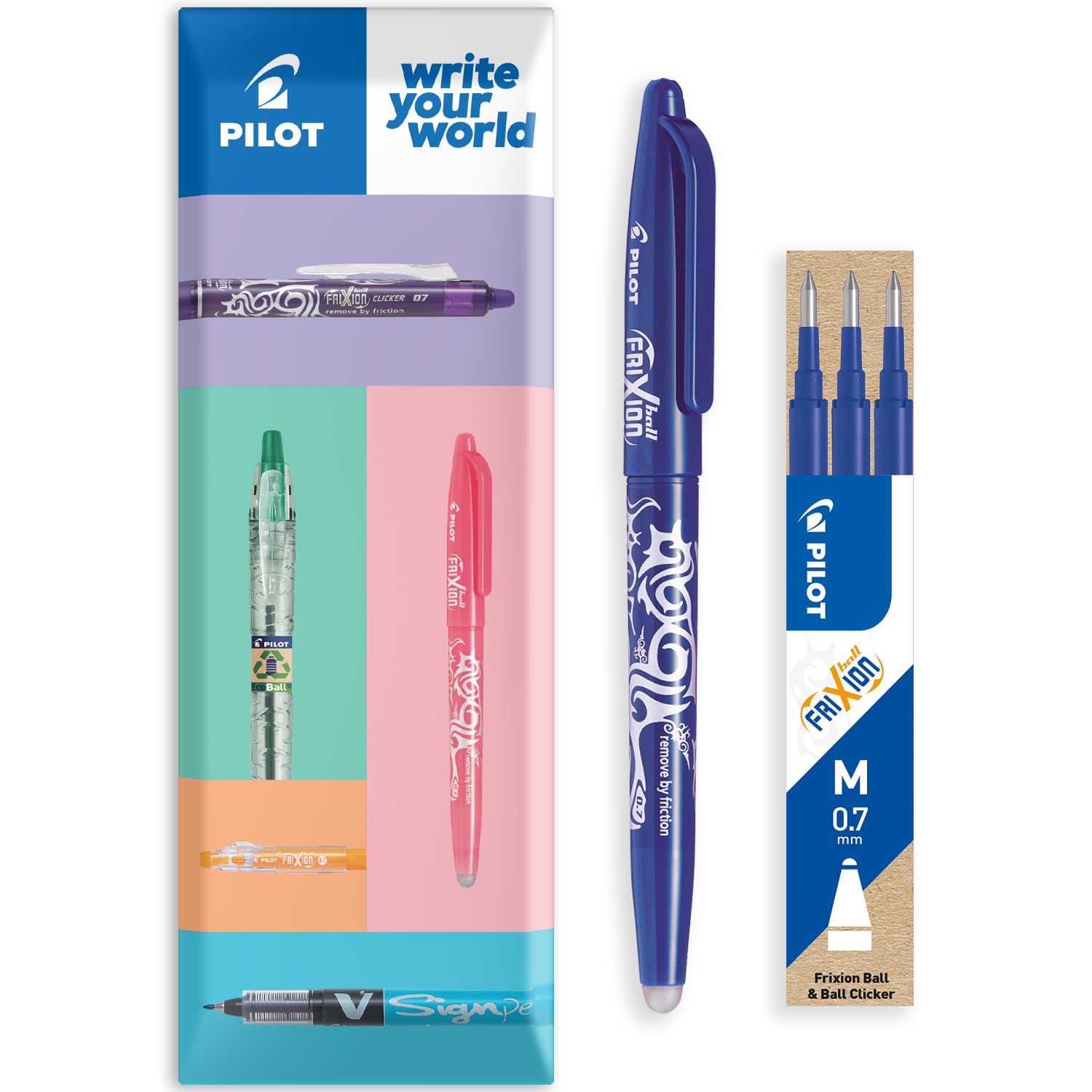 PILOT Frixion Heat/Friction Erasable Rollerball Pen FR7 - Medium Line 0.7mm Tip Nib - In Envelope Gift Packaging - Pack of 1 Pen + 3 Refills (Blue)