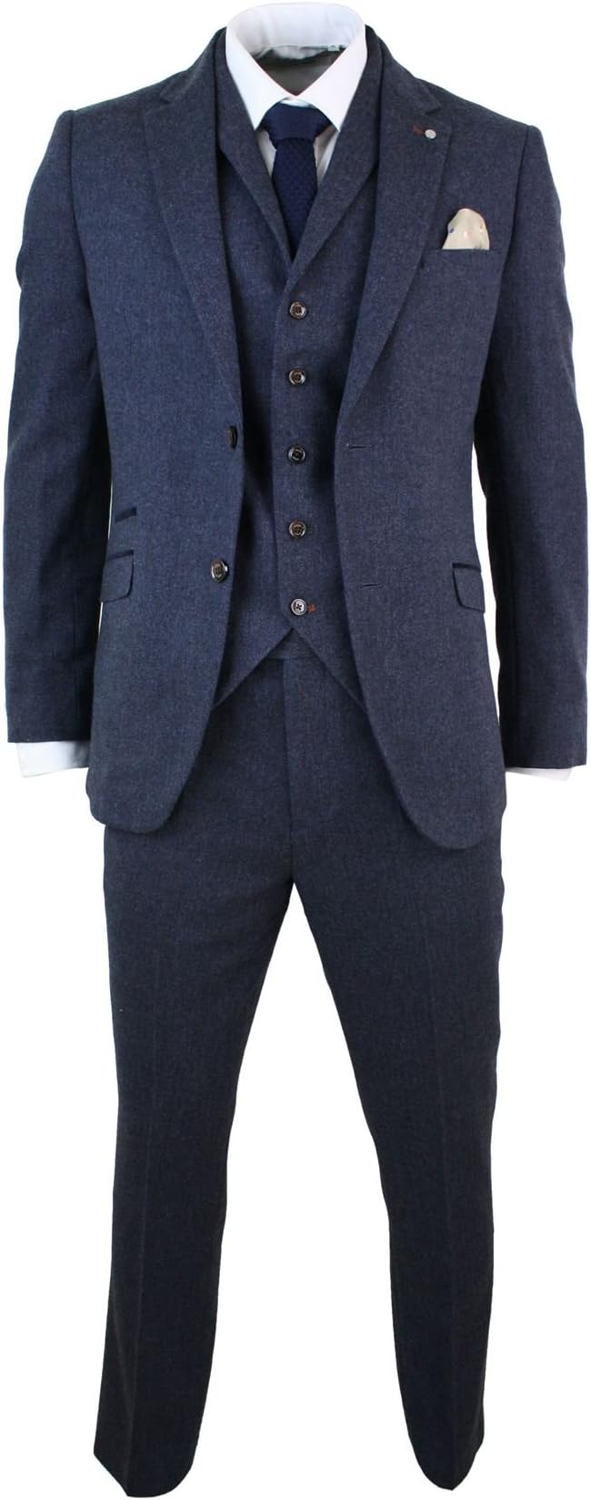 Mens 3 Piece Wool Blend Herringbone Tweed Suit Blue Brown Vintage Tailored Fit Navy 36