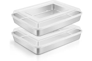 Leonyo Rectangular Cake Pan with Lid, 12⅓ x 9¾ x 2 Inch Stainless Steel Baking Trays, Nonstick & Oven Safe, Deep Lasagna Pan 