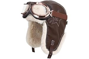 KAZZHA KAHHZA Vintage Aviator Hat with Goggles Pilot Cap Costume for Adult Leather Trapper Hat with Fur Ear Flaps for Winter Warm