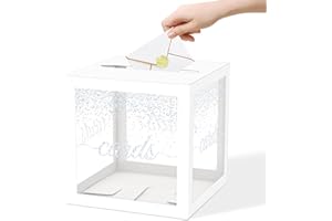 JCTHKUKU Clear White Card Box for Party, 8.7" Blinking Silver Foil Gift Cards Receiving Box Holder for Wedding, Bridal Shower, Graduation, Birthday, Retirement, Baby Shower, Anniversaries Party Decorations