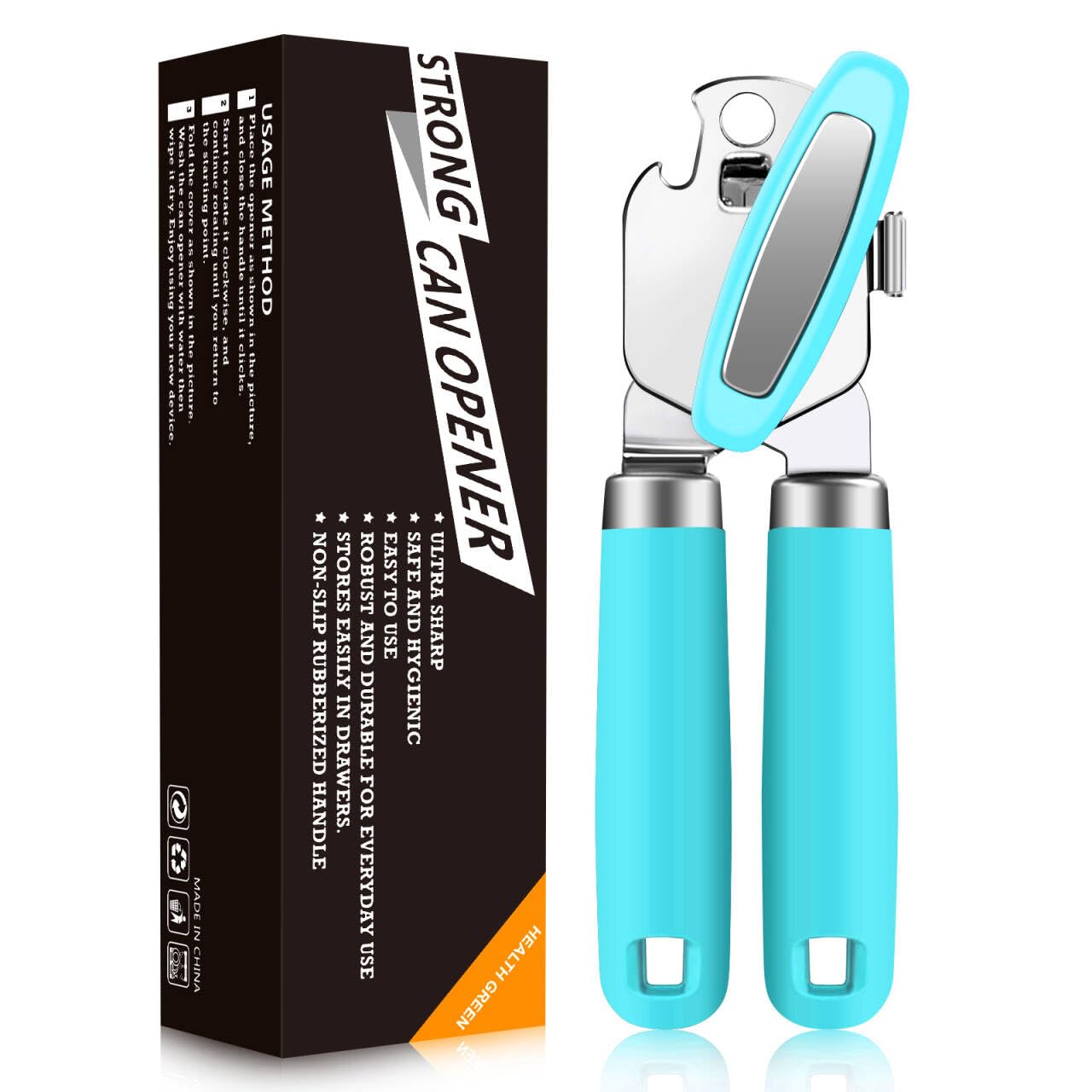 OGIMA Can Opener Manual, Stainless Steel Tin Openers, Effortlessly Open Cans with Heavy-Duty Manual Can Opener - Smooth Edges and Comfortable Grip for Arthritis and Weak Hands (Turquoise)