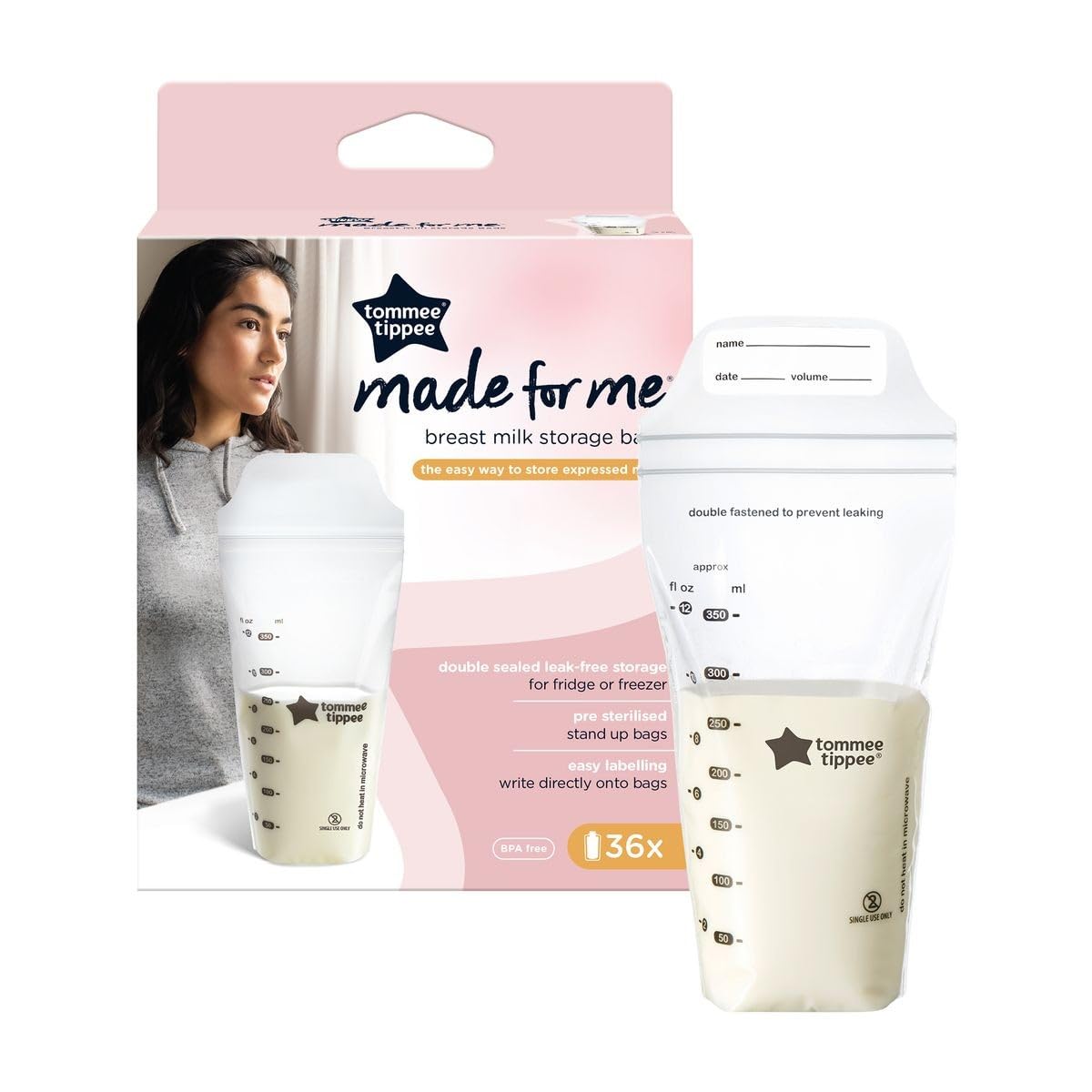 Tommee Tippee Closer to Nature Breast Milk Storage Bags, Pre-Sterilised Stand-Up Pouches, Secure Double Seal, Single Use, 350ml Capacity, Pack of 36