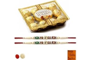 Indian Rakhi - Set of 2 Elegant Beads Rakhi with Ferrero Rocher (12pc) - Free Roli Tika and Card