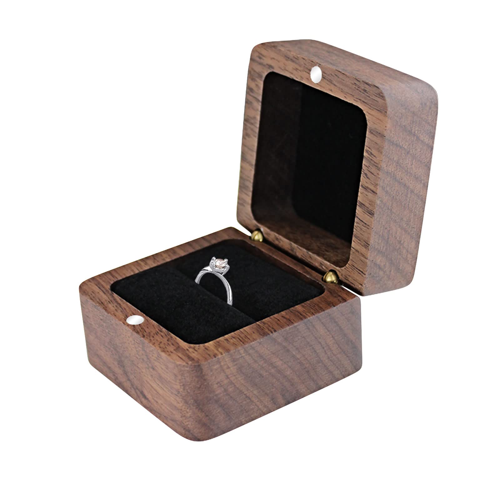 FuninCrea Personalized Wooden Ring Box, Small Engagement Ring Holder Box for Rings, Square Wedding RingsBox Elegant and Retro Rings Storage Boxes with Single Slot for Wedding Ceremony (black-single)