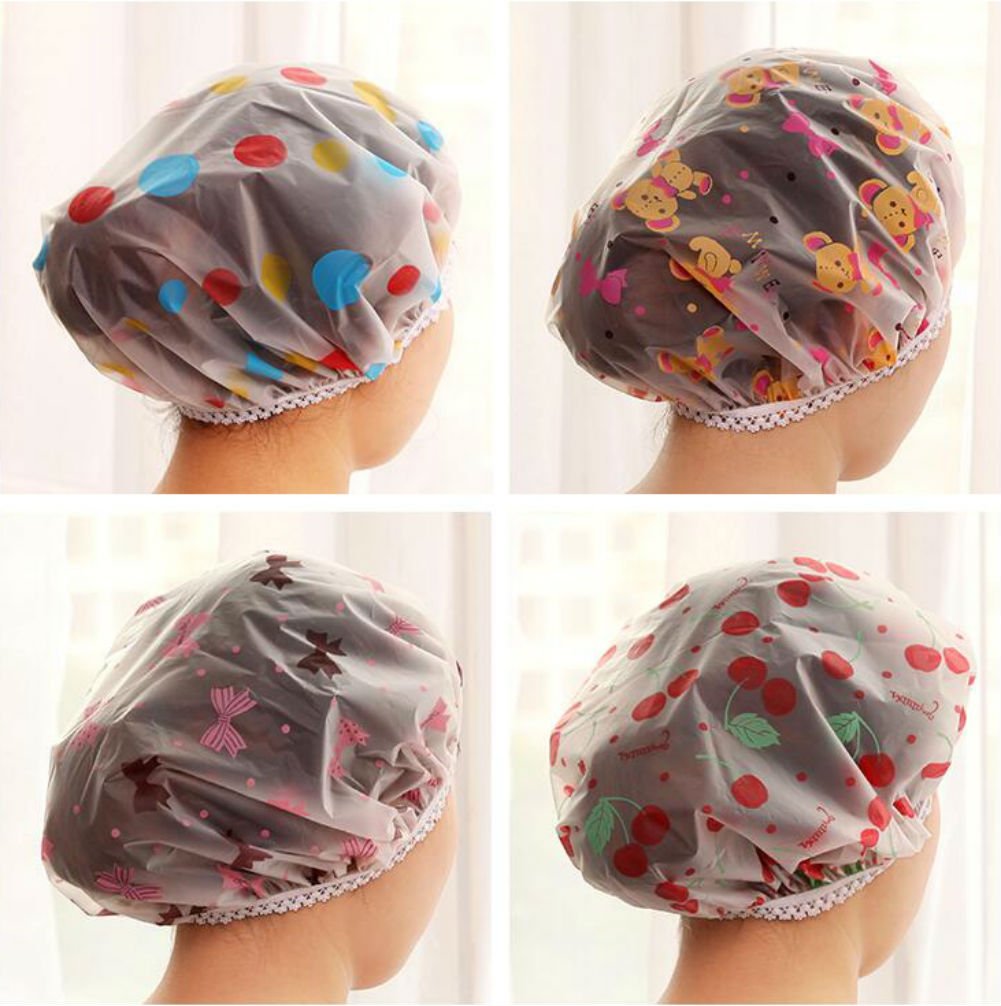 AKOAK 5 Pieces Reusable Waterproof EVA Plastic Lace Elastic Band Flower Printed Hat Environmental Protection Hair Bath Caps Shower Caps : Beauty