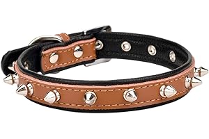 Aolove Spiked Studded Padded Leather Pet Collars for Cats Puppy Small Medium Large Dogs (8"-10" Neck * 0.6" Wide, Brown Spiked)