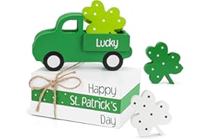 AKEROCK St Patricks Day Decorations, St Patricks Day Decor - Wooden Book Stack & Green Truck & 3 Shamrock Decor for Table, Tiered Tray, Office Desk, Mantel, Saint Patricks Day Decorations for Home