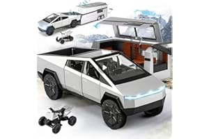 Cybertruck Toy with Trailer and ATV Motorcycle Alloy Diecast Cyber Truck Set 1/36 Metal Pickup Toy Car Model Set with Light a
