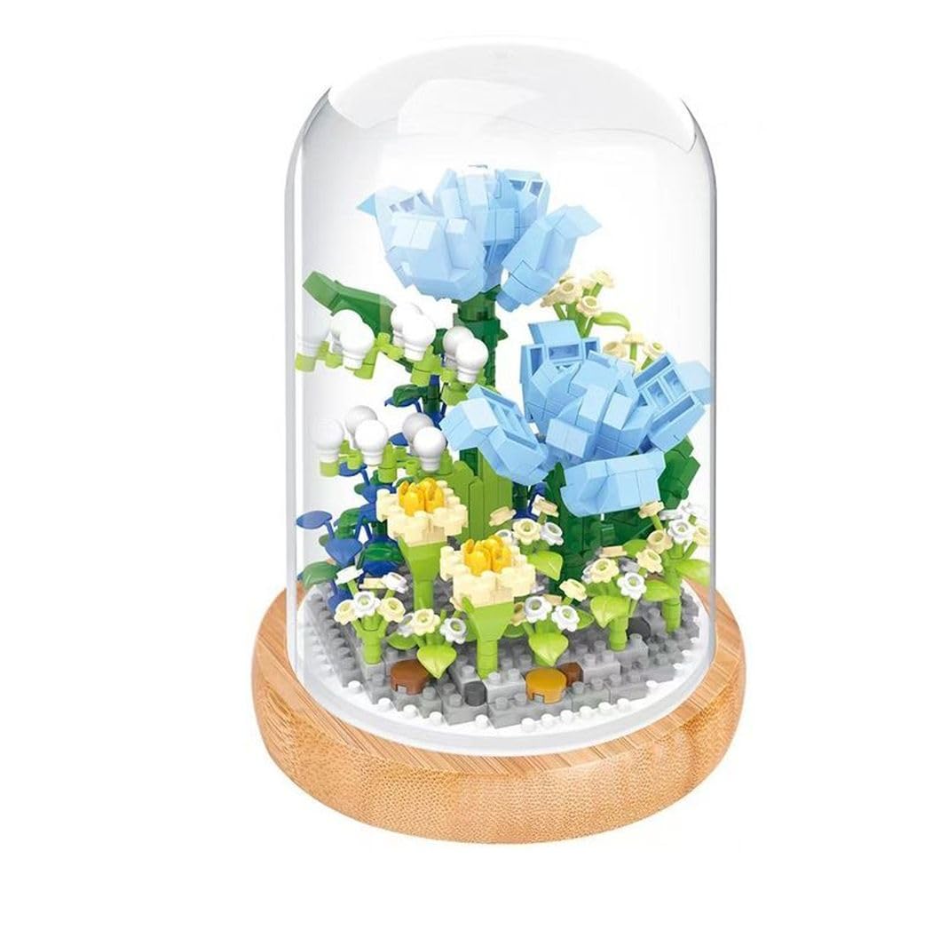 WISEHAWK Kit of miniature blocks to assemble flowers. With wooden stand and dome cover. Blue rose