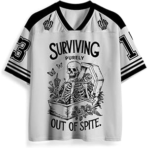 IRON PANDA Surviving Purely Out of Spite Skeleton Football Jersey-Funny Dark Humor Mesh Graphic Tee for Men Women