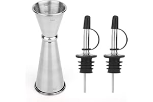 Double Cocktail Jigger for Bartending 2oz 1oz with 2 Pourers Spout Lids, Japanese Bar Stainless Steel Drink Shot Measurer wit