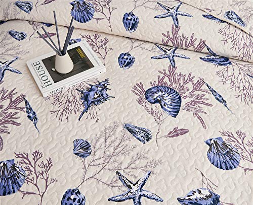 3-Piece Coastal Antique Quilt Set Twin Size,Tropical Seashells Sea Fan Starfish Coral in Offwhite Background, Nautical Quilted Bedspread Coverlet Bedding Set Bedroom Decor for All Seasons (Blue,Twin)