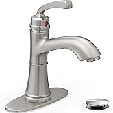 HEYMYTAP Brushed Nickel Bathroom Faucet Single Handle, Brass Bathroom Vanity Faucet 4 Inch Bathroom Sink Faucet 1 Hole or 3 Holes, Bathroom Faucets with Deck Plate & Pop-up Drain, No Noise