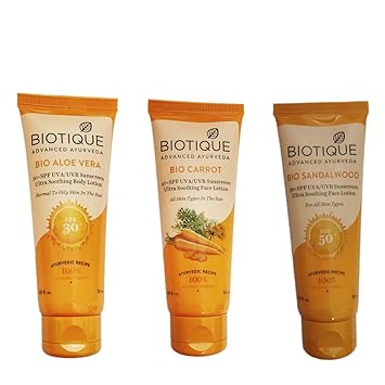 BIOTIQUE BIO ALOE VERA 30+SPF SUNSCREEN LOTION 50ML+ BIOTIQUE BIO CARROT 40+SPF SUNSCREEN LOTION 50ML+ BIOTIQUE BIO SANDALWOOD 50+SPF SUNSCRREN LOTION 50ML