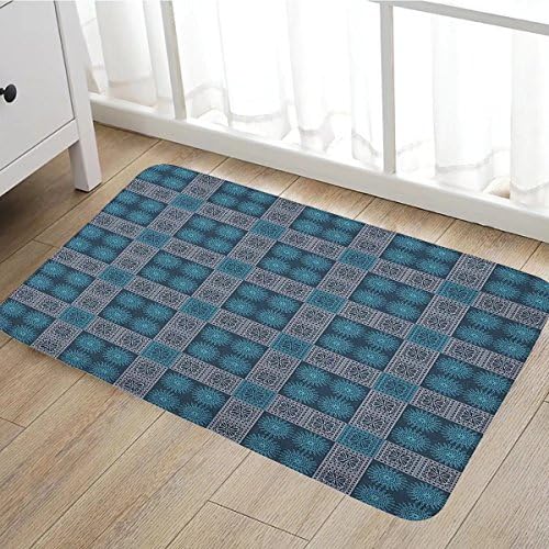 Geometric door mat indoors Old Fashioned Lace Style Floral Motifs Victorian Baroque Effects Customize Bath Mat with Non Slip Backing16"x24" Petrol Blue Pale Blue White