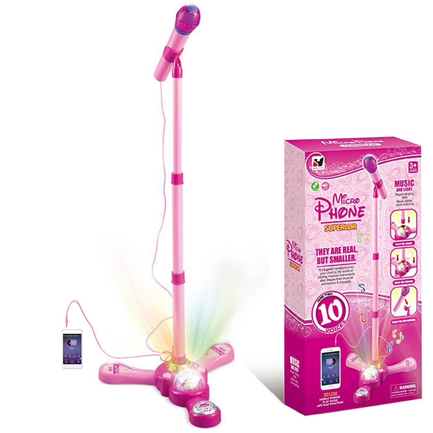 Kids Karaoke Machine with Adjustable Stand, Pink Kids Microphones with Rotating Light Ball for Singing Along with Rotational Flashing Stage Lights and Pedals Gift for Girls and Boys